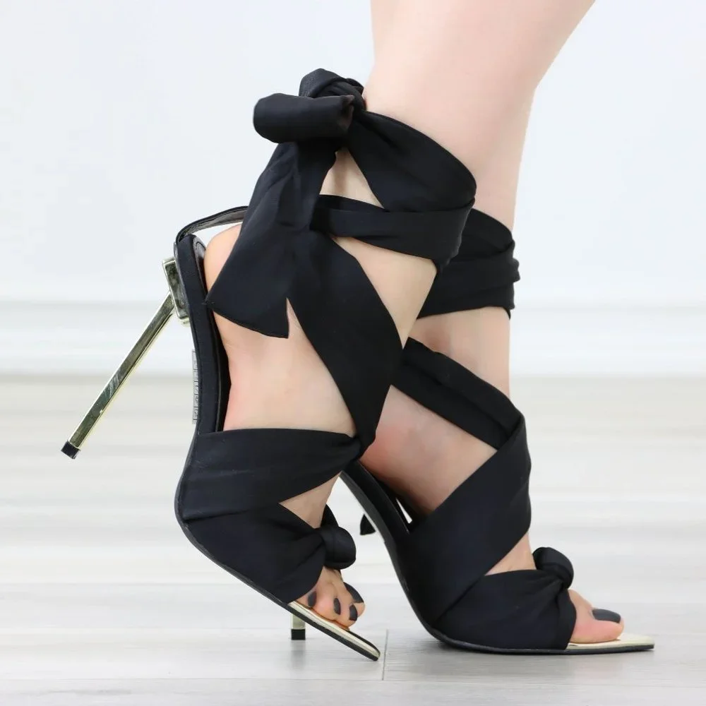 Black Open pointed Toe High Heel Ankle Strap Fabric Gold Needle Heel - Picture 4 of 12